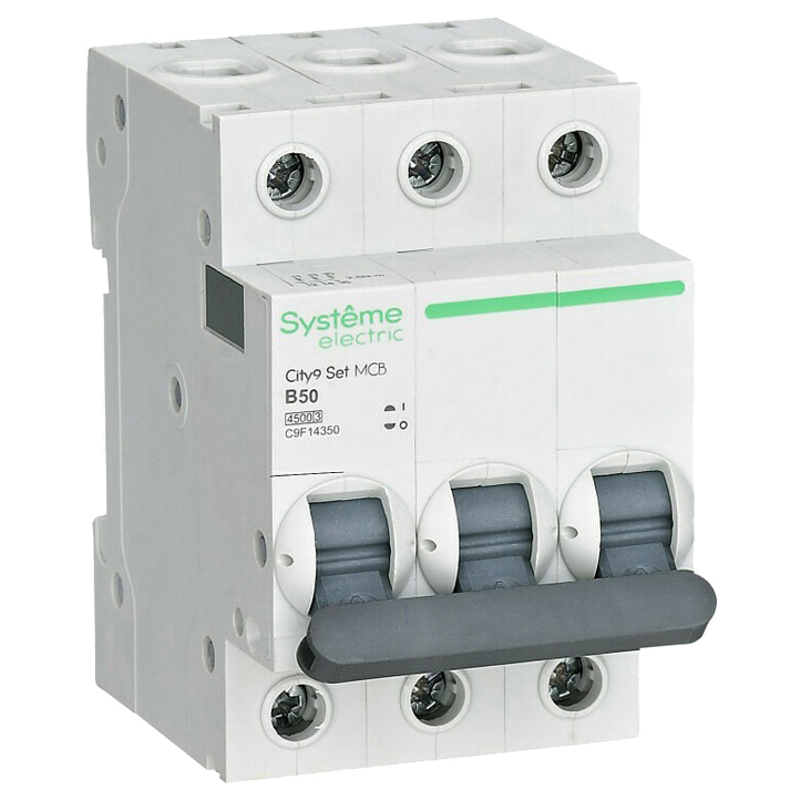 Автоматический выключатель трехполюсный Systeme Electric City9 Set 3Р 50А (B) 4.5кА, сила тока 50 А, тип расцепления B, переменный, отключающая способность 4.5 kА
